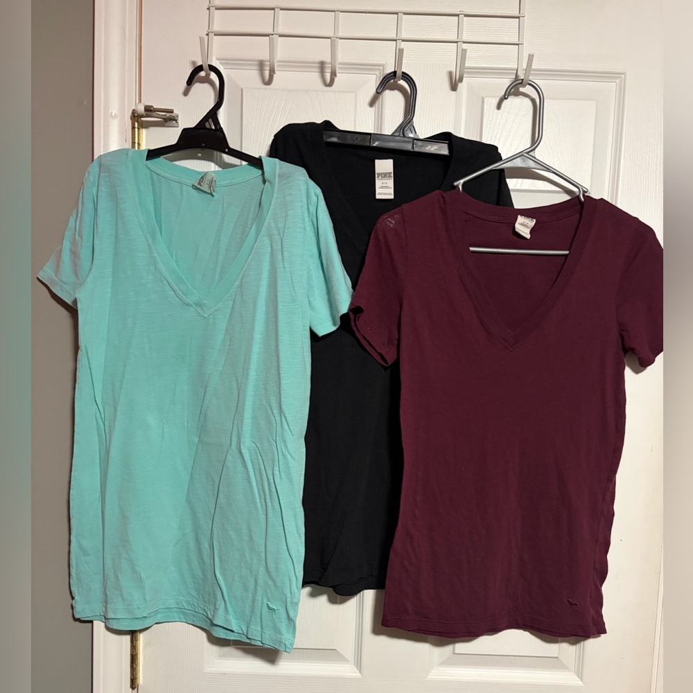 Three PINK Victoria's Secret V-Neck Tees - Black, Burgundy, Aqua
